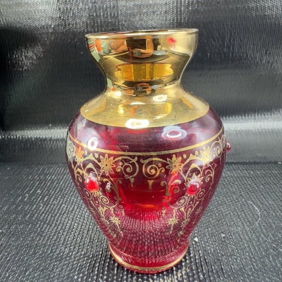 Venetian Art Glass Vase Vessel Hand Painted Gold Accents Attached Jewels Vase - Picture 9 of 10